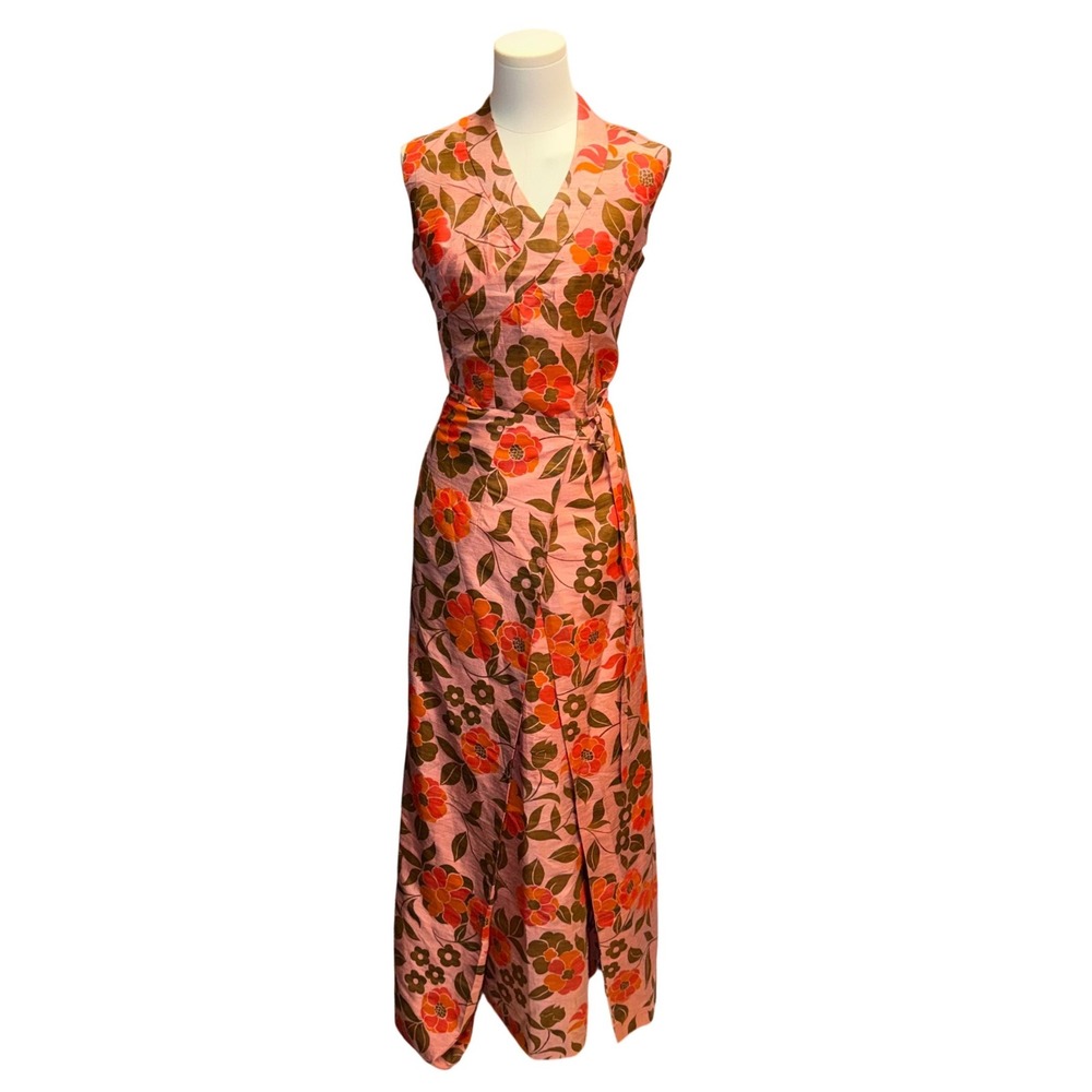 Vintage 60s 70s Mod Floral Maxi Dress Pink Orange Retro Boho Whimsigoth Wrap
